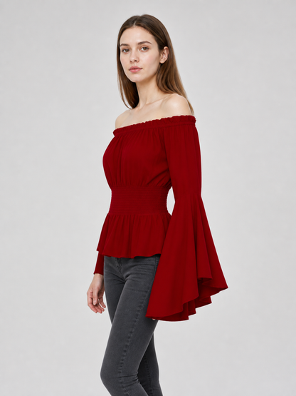 Long-Sleeve Peplum Blouse, Deep Red