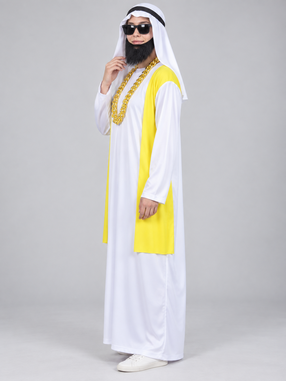 Carnival costume with scarf, beard, and chain, white and yellow