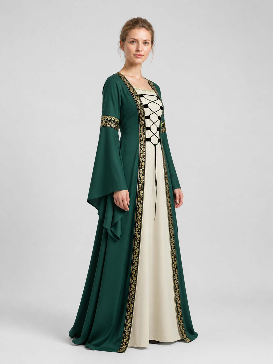 Long Medieval-Style Dress with Flared Sleeves side view