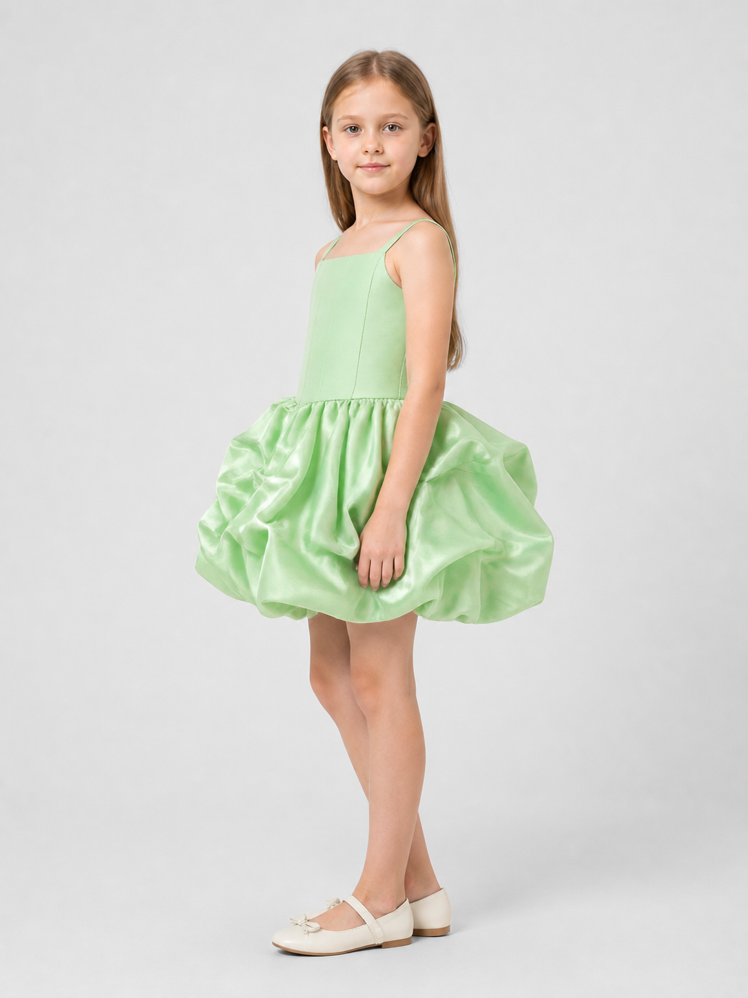 Satin Dress with Spaghetti Straps and a Full Skirt side view