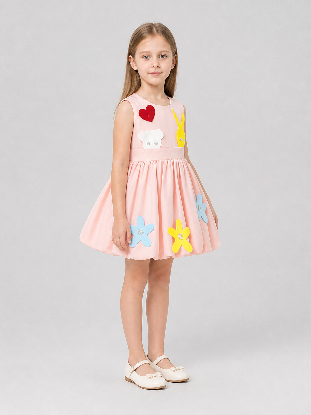 Elegant Dress with 3D Appliqués and a Full Skirt