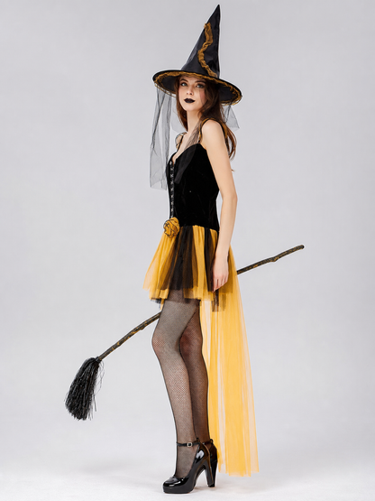 Black and Yellow Witch Costume Dress with Layered Skirt