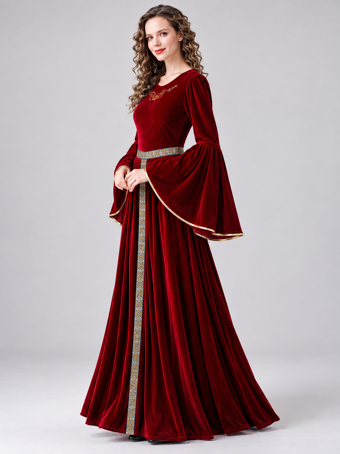 Long Medieval Dress with Embroidery and Flared Sleeves