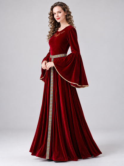 Long Medieval Dress with Embroidery and Flared Sleeves
