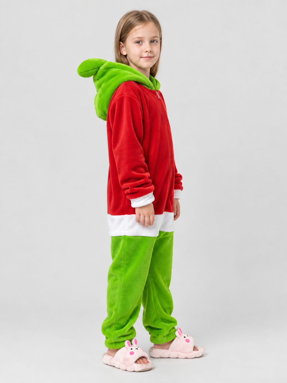 Red and green hooded zip-up pajama jumpsuit