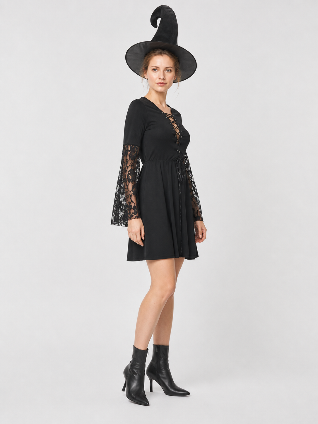 Black Witch Dress with Lace Sleeves, Necklace, and Hat side view