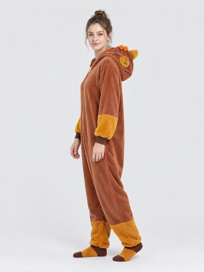 Brown plush hooded pajama jumpsuit with ears