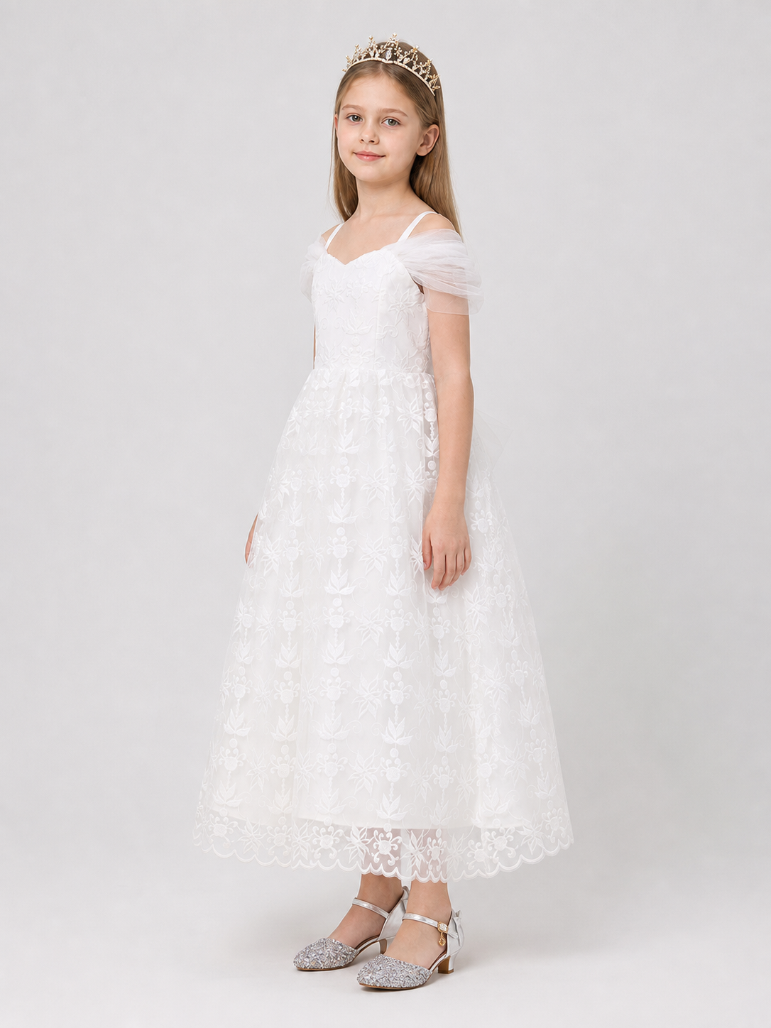Fluffy White Princess Dress with Lace and Embroidery side view