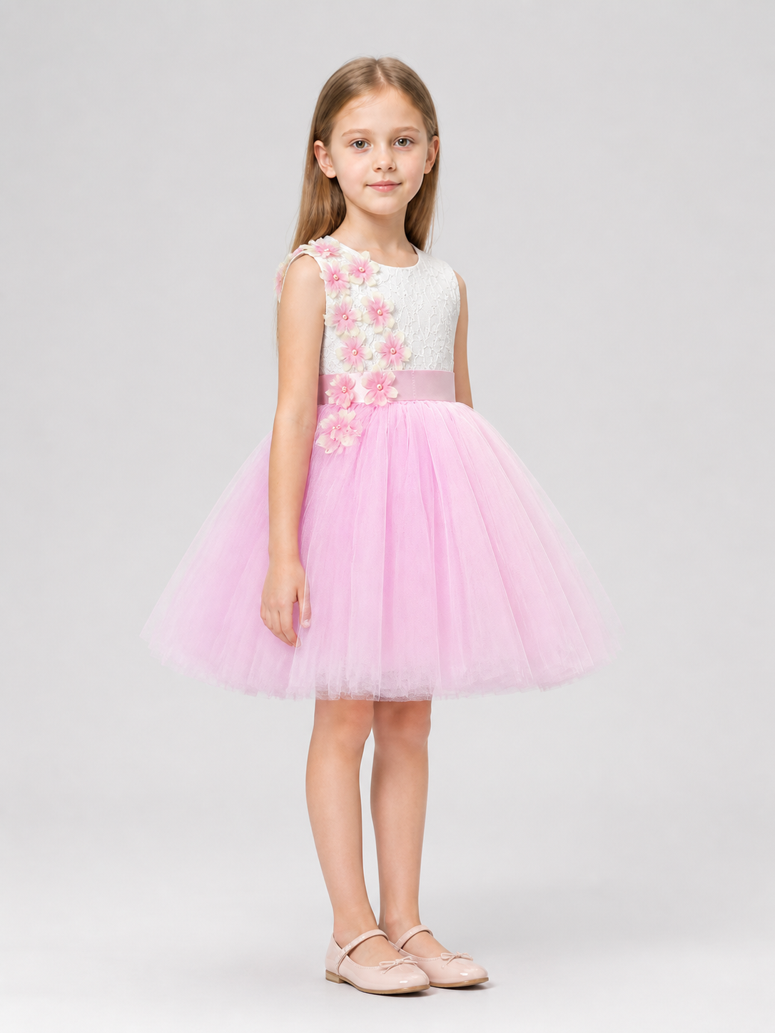 White and Pink Princess Dress with Lace and Full Skirt