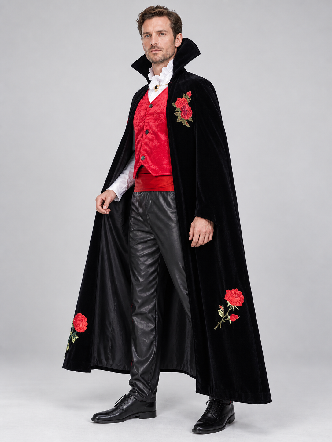 Vampire Costume with Long Cape and Red Roses side view