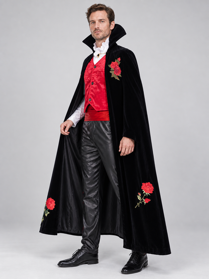 Vampire Costume with Long Cape and Red Roses side view