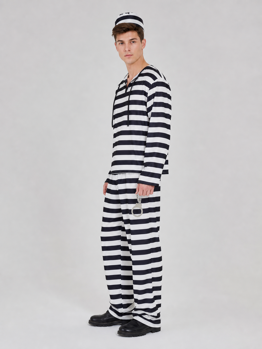 Striped Prisoner Costume with Cap and Handcuffs