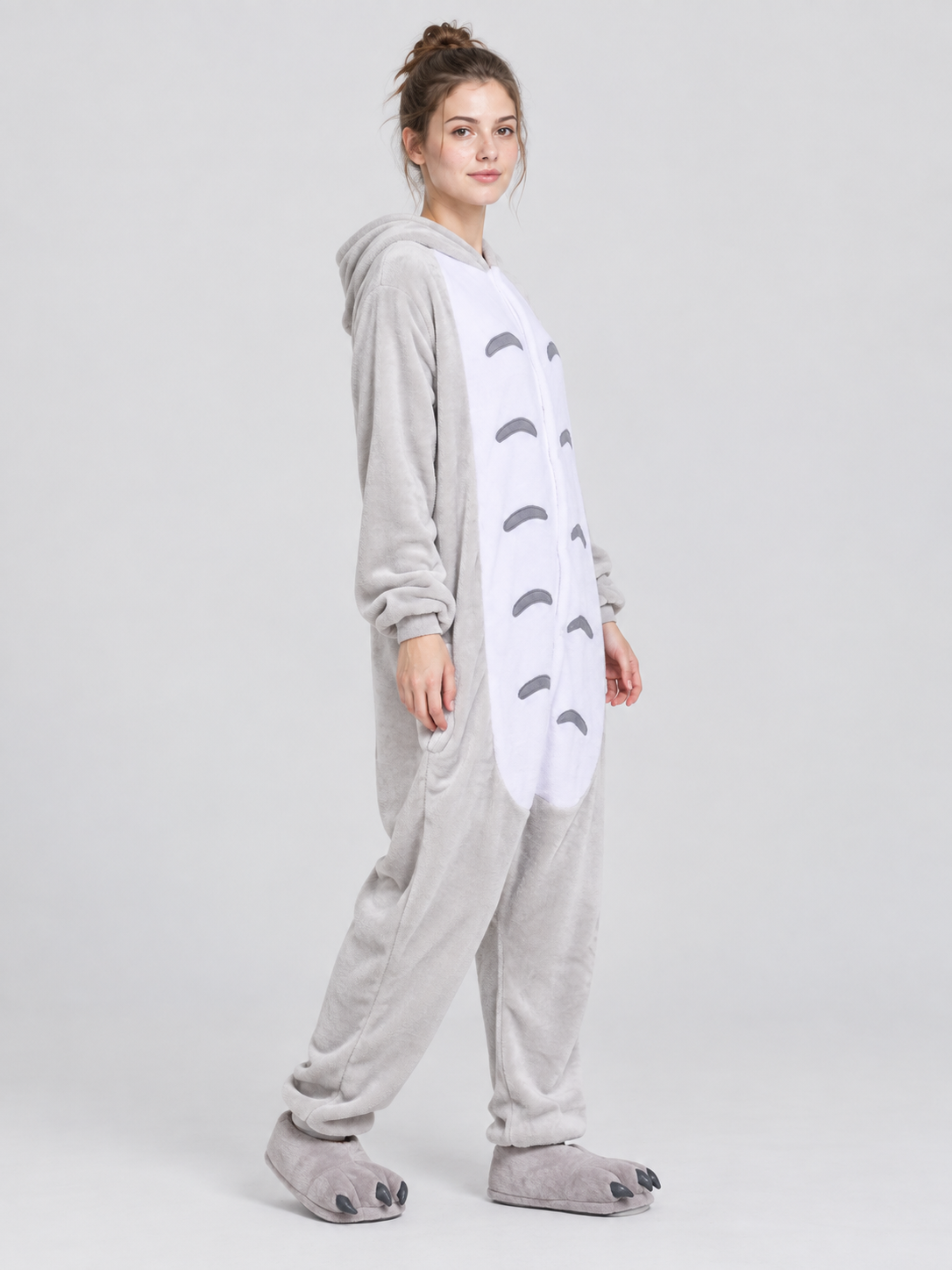 Gray and White Flannel Hooded Pajama Jumpsuit