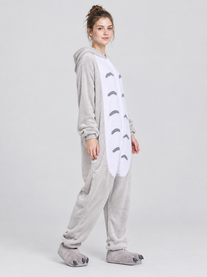 Gray and White Flannel Hooded Pajama Jumpsuit
