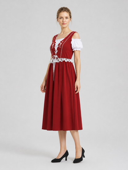 Burgundy Historical Role-Play Dress with Puff Sleeves side view