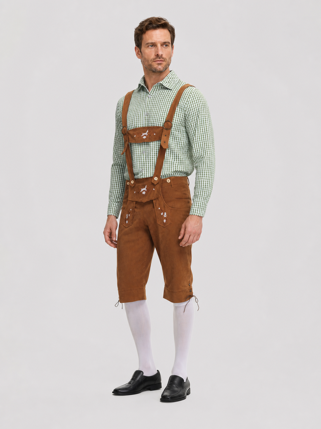 Plaid Folk Costume with Embroidery and Suspenders side view
