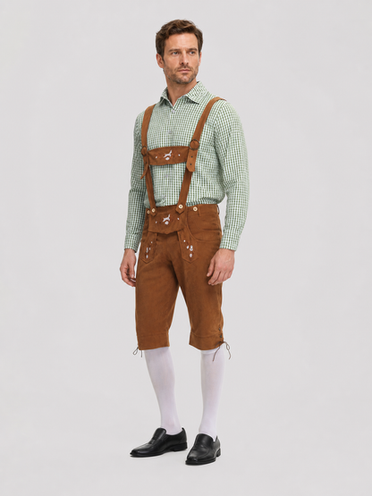 Plaid Folk Costume with Embroidery and Suspenders side view