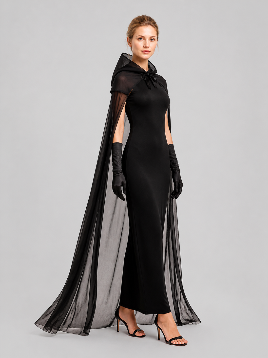 Black Vampire Costume with Long Cape and Gloves side view