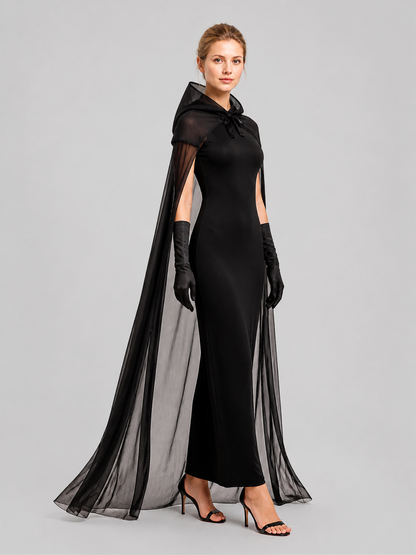 Black Vampire Costume with Long Cape and Gloves side view