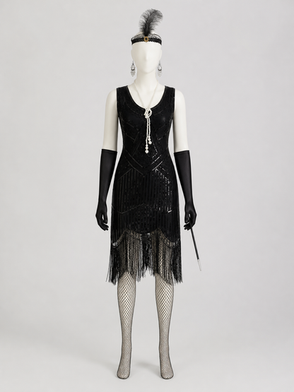 1920s Sequin Dress Set with Long Fringe side view