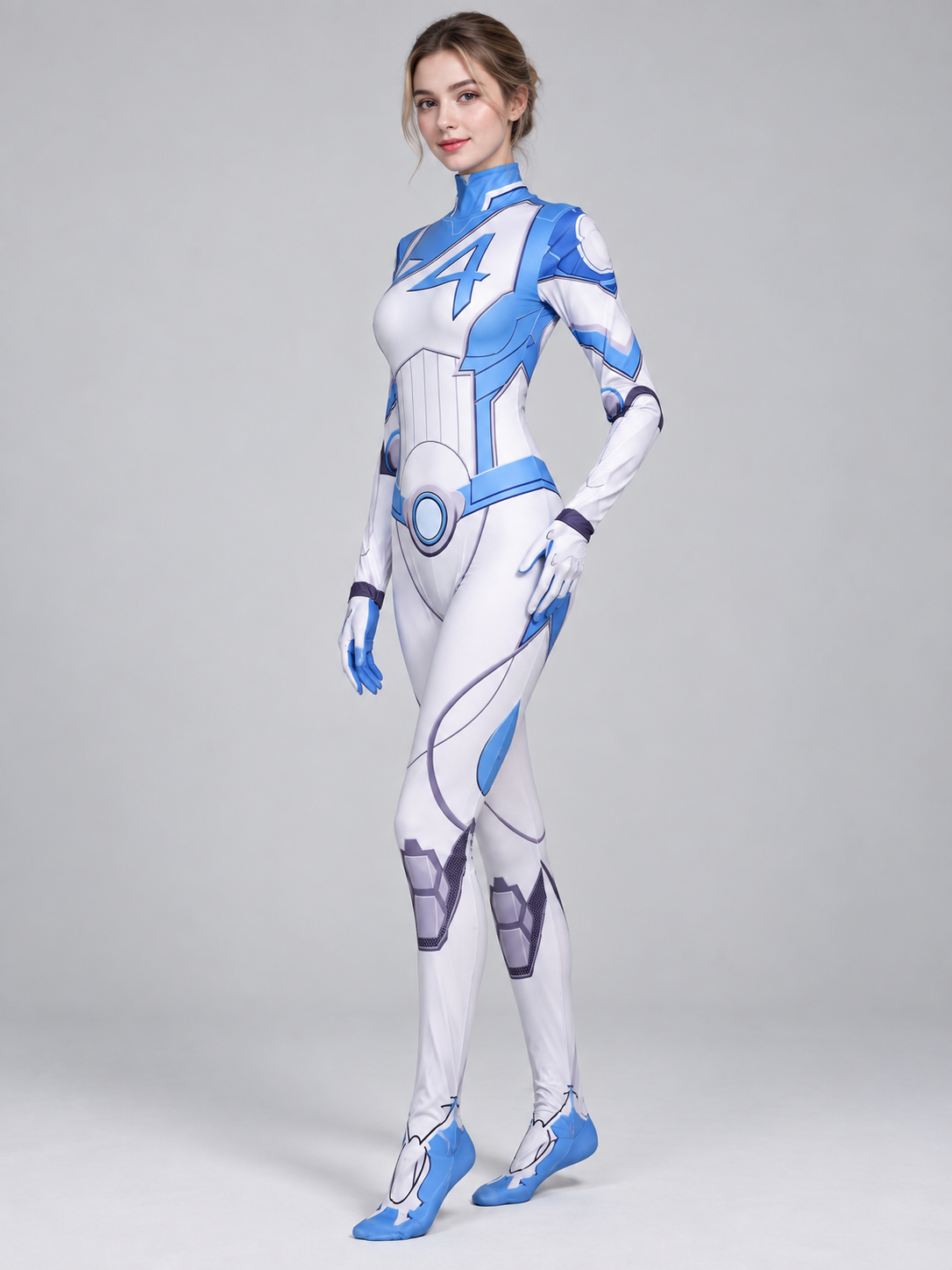 White and Blue Cosplay Costume with Number 4 and Emblem