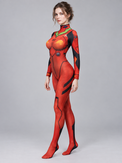 Red doll jumpsuit with high collar and 02 print