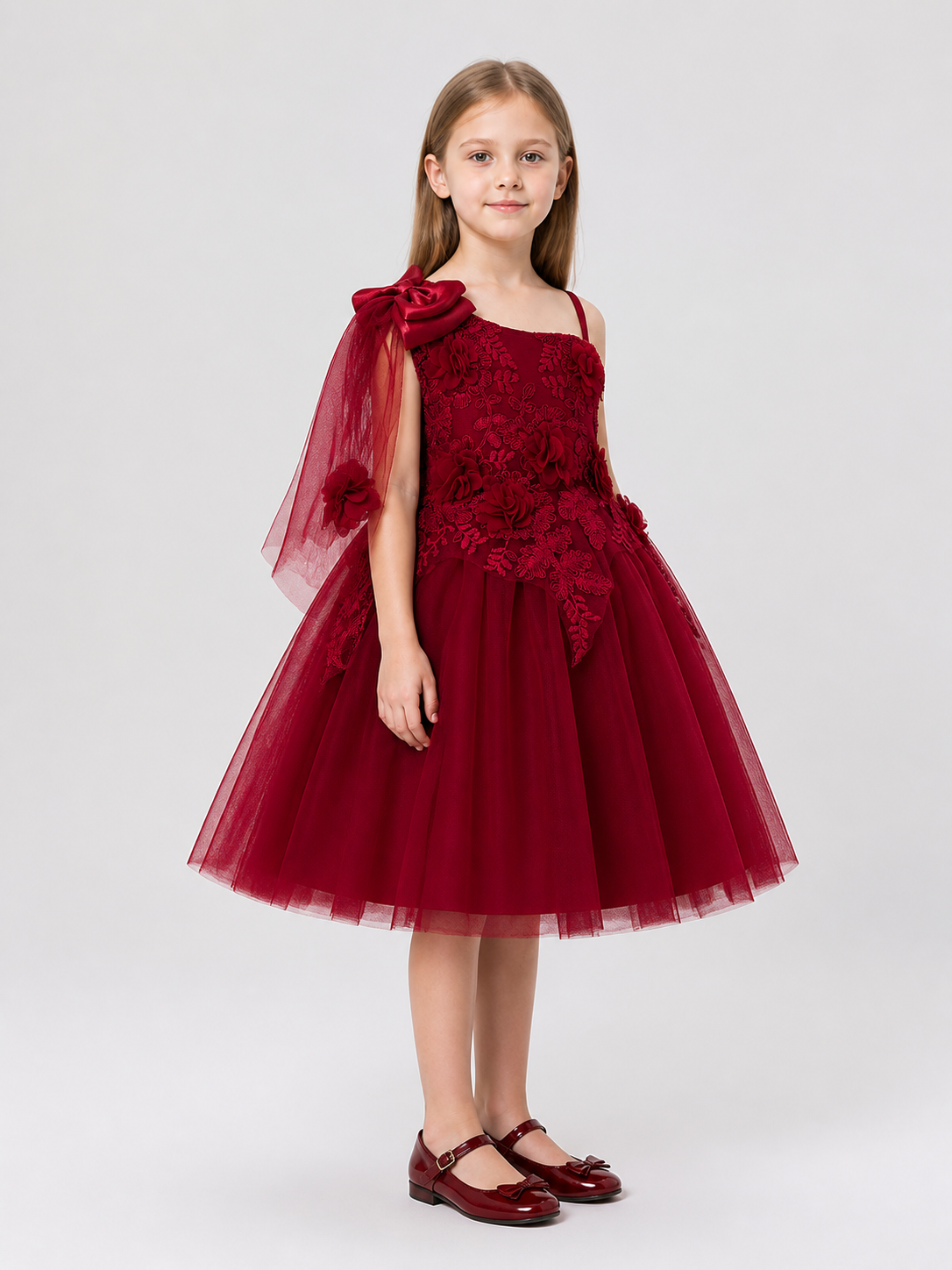 Burgundy Full Tutu Dress with Roses and Mesh Skirt side view