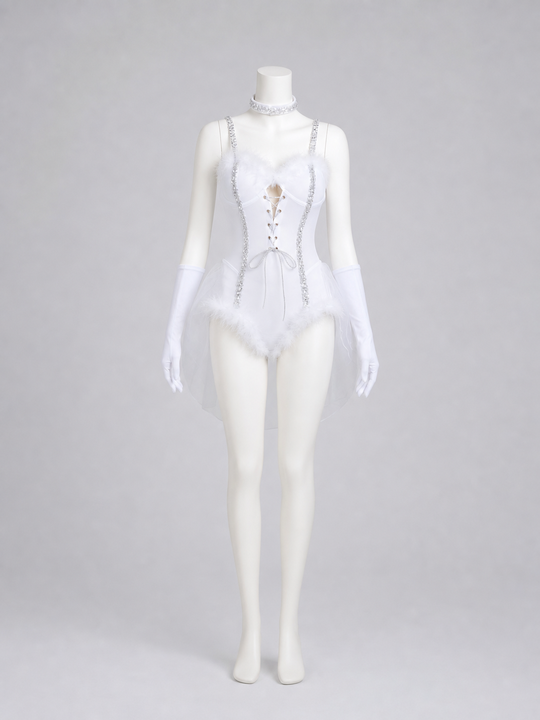 Bunny Cosplay Costume, White with Ears and Mesh