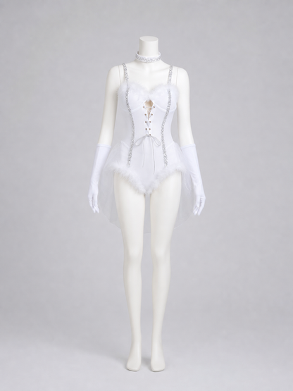Bunny Cosplay Costume, White with Ears and Mesh