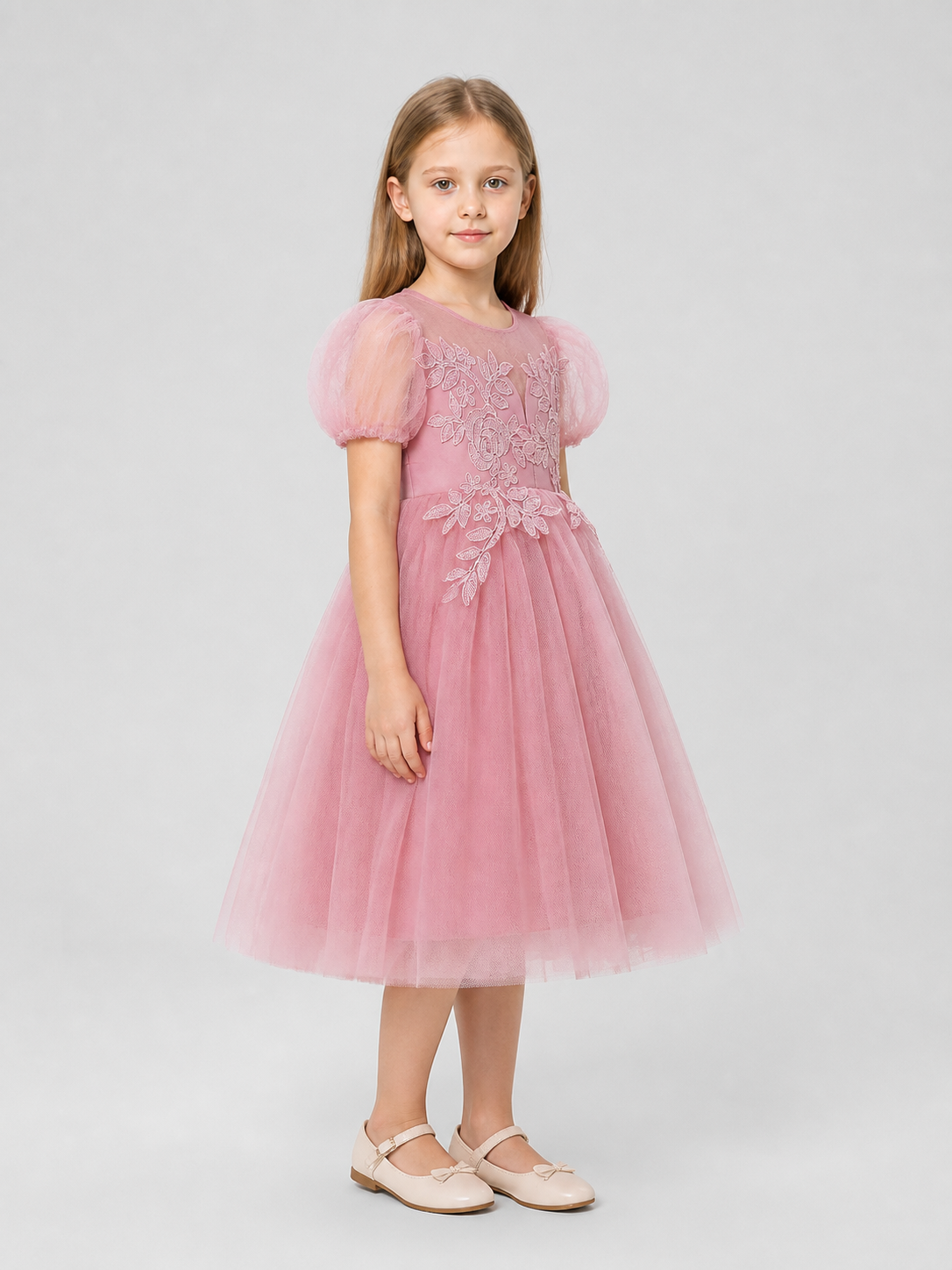 Children’s dressy princess dress with a full skirt side view