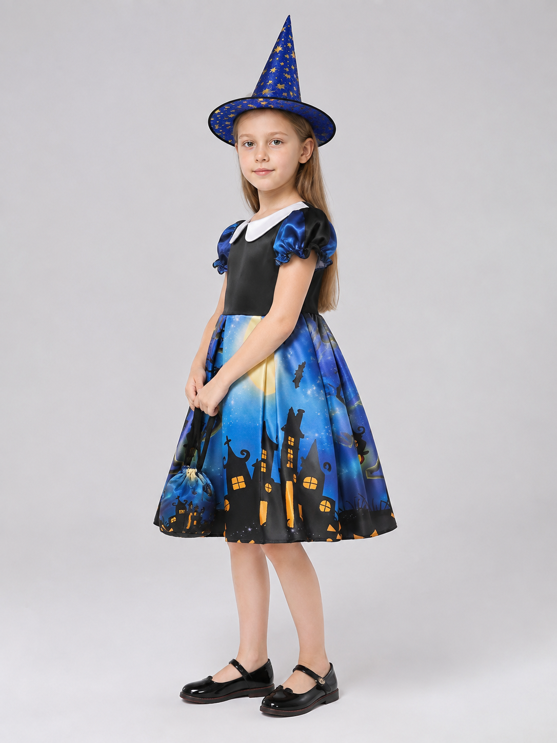 Children's Halloween costume dress with hat and handbag side view