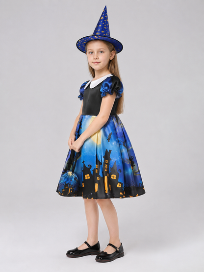 Children's Halloween costume dress with hat and handbag side view