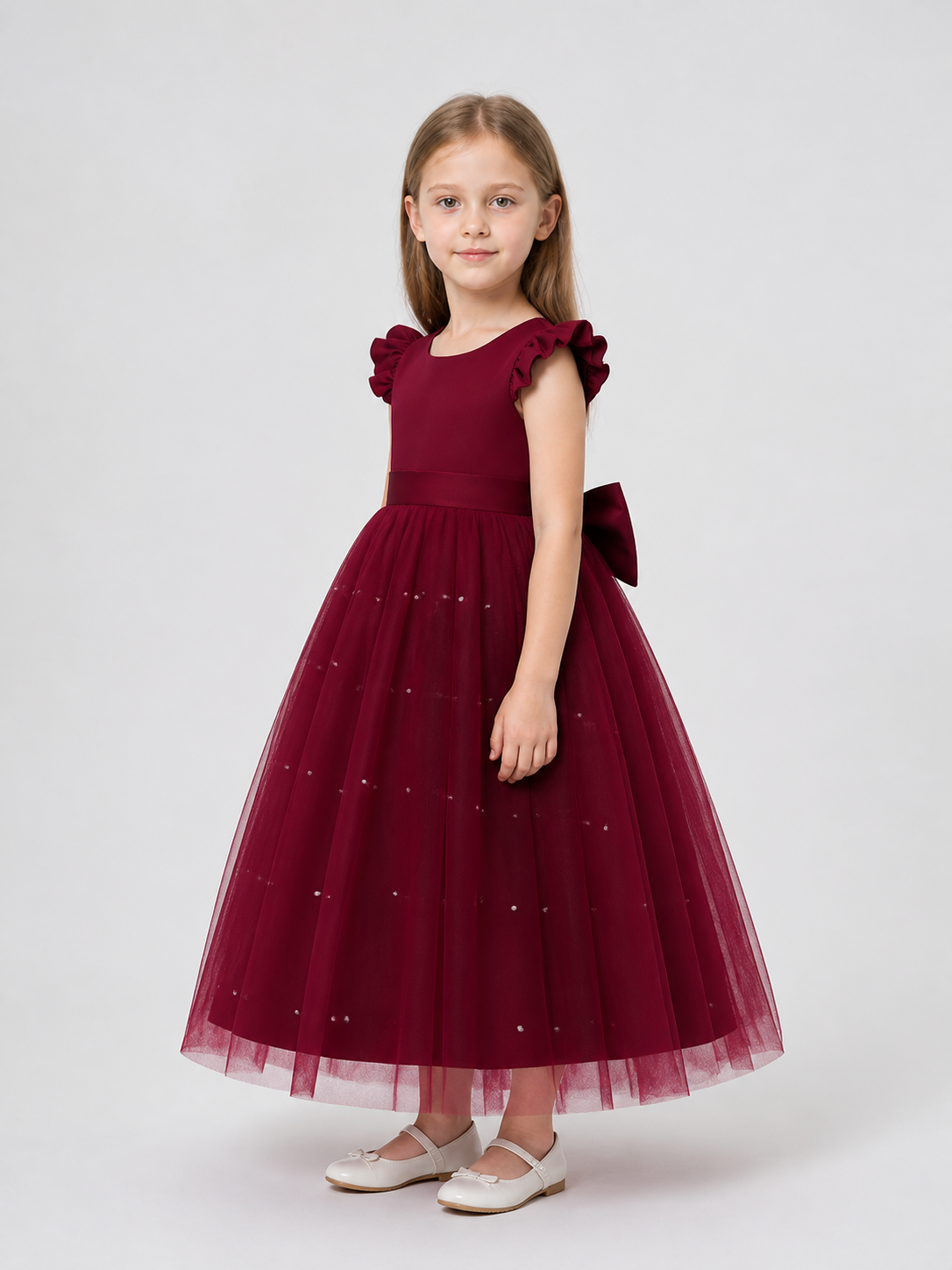 Burgundy Princess Dress with Bow and Full Skirt