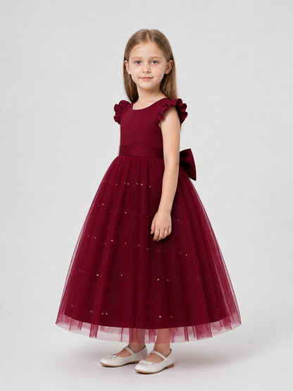 Burgundy Princess Dress with Bow and Full Skirt