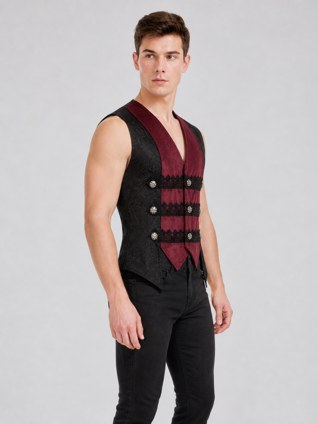 Gothic Sleeveless Vest with Burgundy Lapels