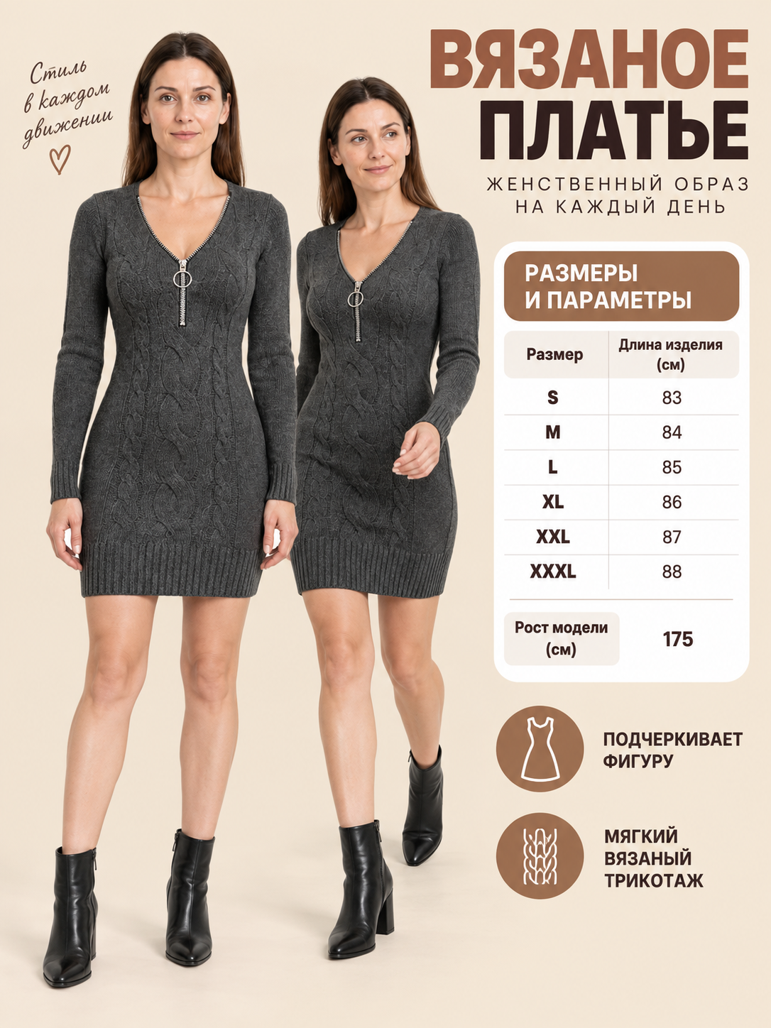Dark gray knit dress with cable pattern and zipper at the chest