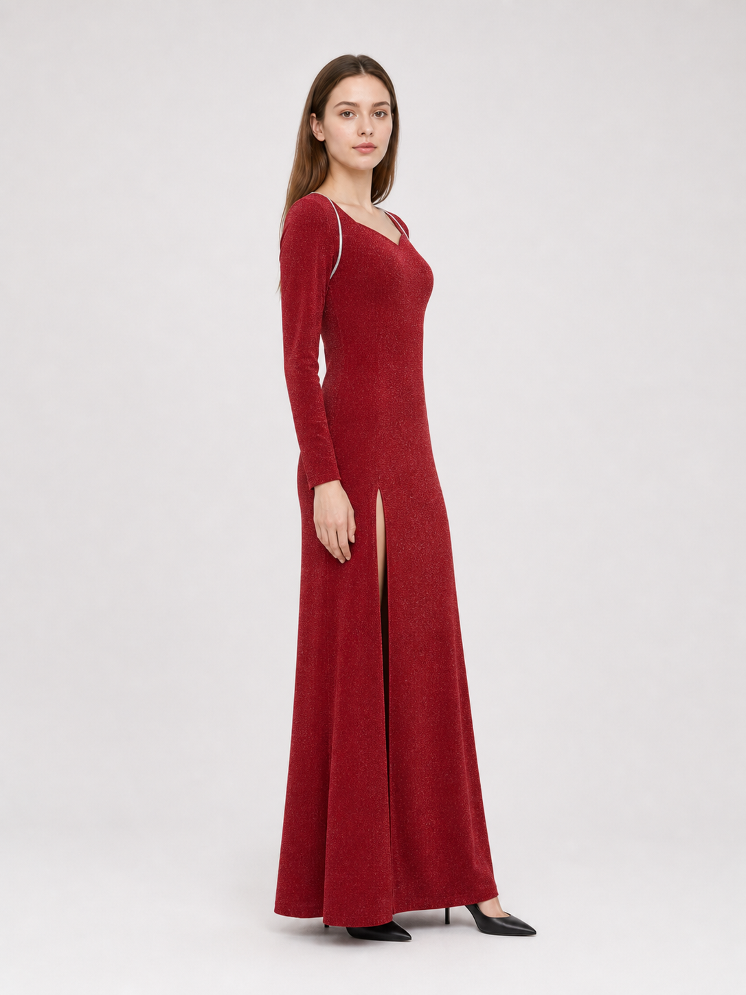 Shrek Costume: Red Long-Sleeve Maxi Dress side view 2