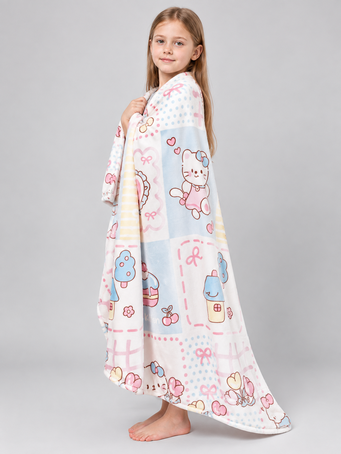 Blanket with Pastel Print and Cartoon Kitten