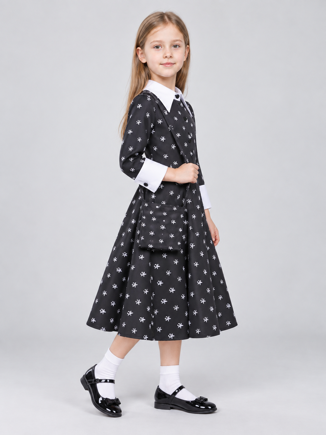 Children's Black Costume Dress with Collar and Bag side view