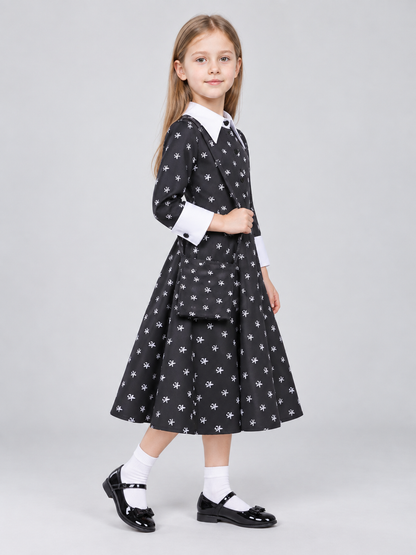 Children's Black Costume Dress with Collar and Bag side view