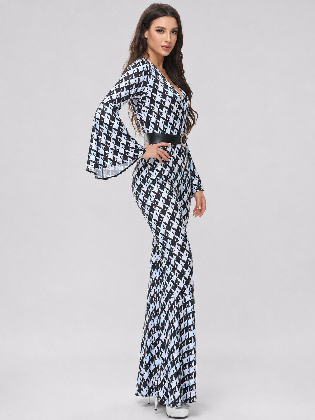 Retro Flared Jumpsuit with Geometric Print