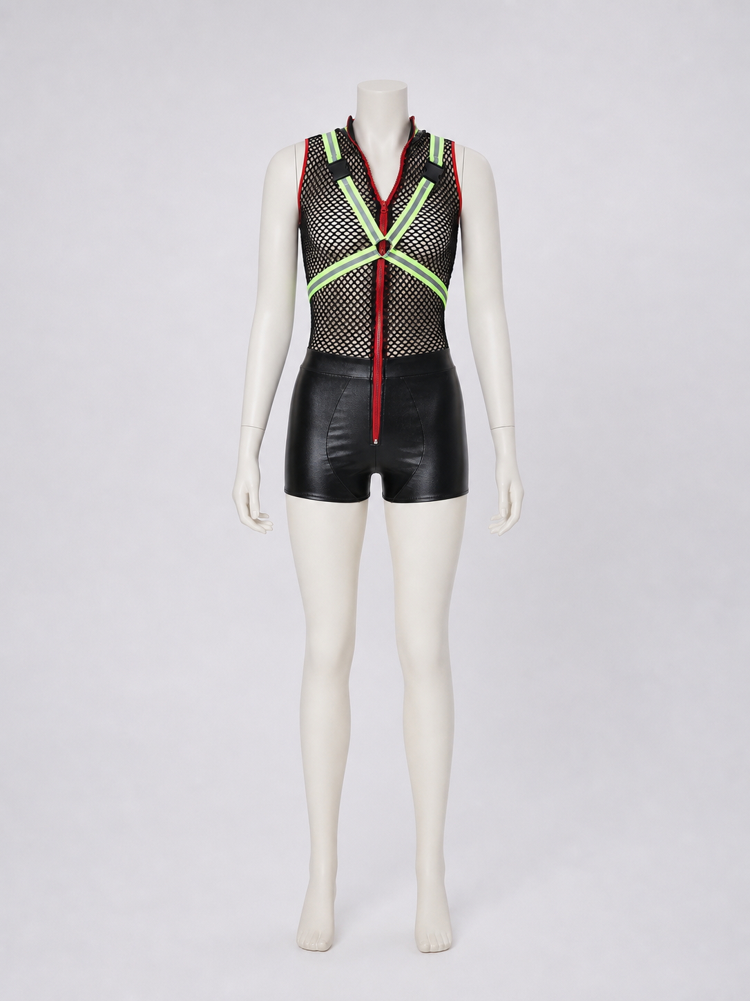 This one-piece romper is designed in the style of a costume for themed parties and cosplay looks. It features a sleeveless, open design, a black mesh upper section with a noticeable texture, and black shorts on the lower section. A red zipp