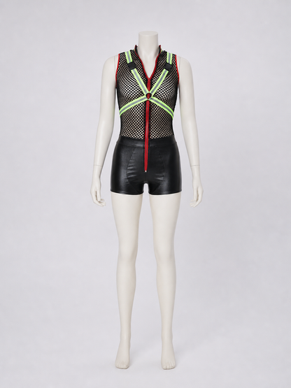 This one-piece romper is designed in the style of a costume for themed parties and cosplay looks. It features a sleeveless, open design, a black mesh upper section with a noticeable texture, and black shorts on the lower section. A red zipp