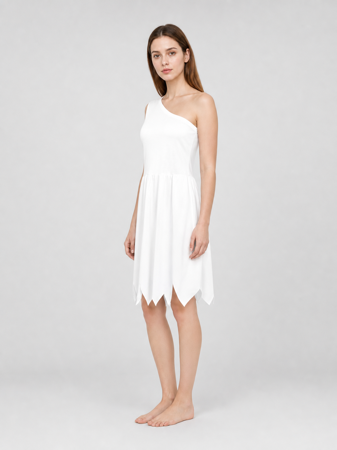 Women's White Cavewoman Costume Dress: One-Shoulder Asymmetric Neckline side view 7