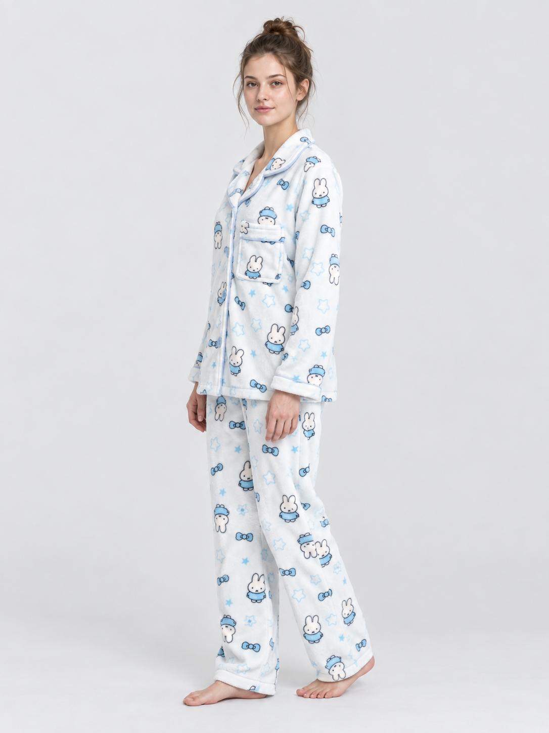 Flannel Pajama Set with Bunny and Bow Print