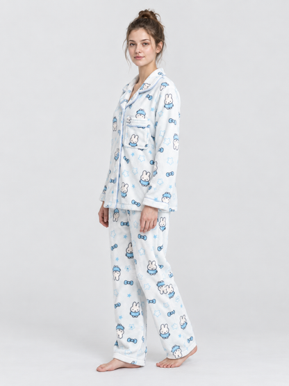 Flannel Pajama Set with Bunny and Bow Print