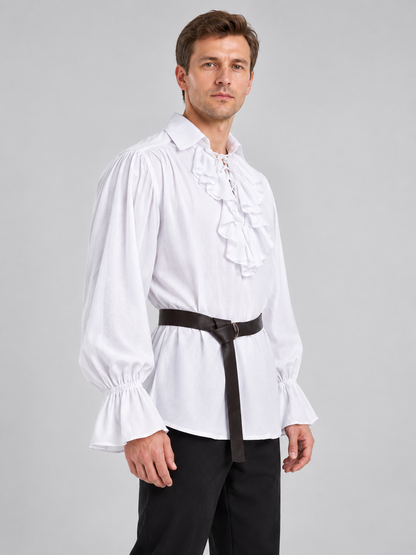 White shirt with jabot, ruffles and long sleeves, with belt