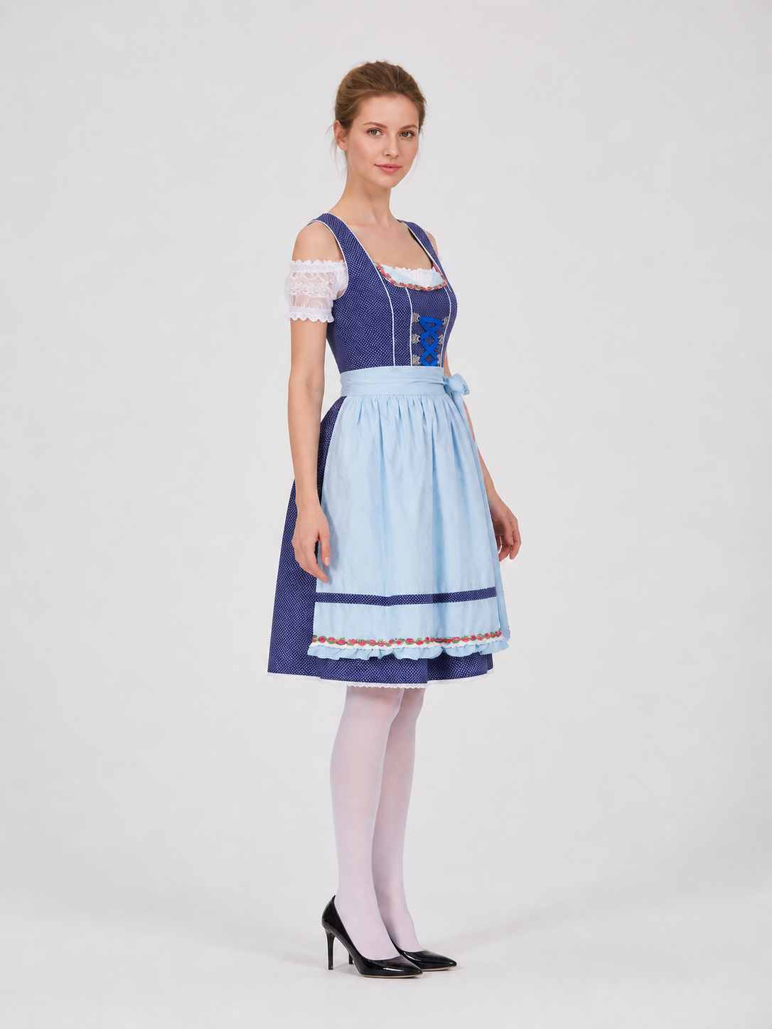Bavarian Ethnic Dress with Apron and Floral Trim side view