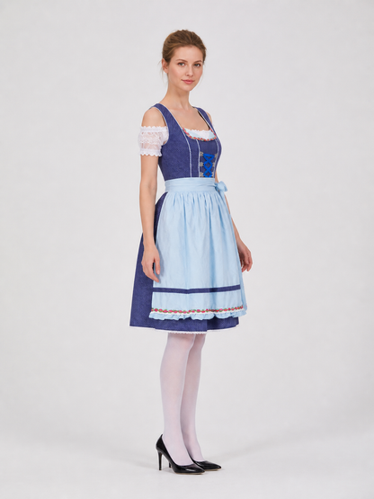 Bavarian Ethnic Dress with Apron and Floral Trim side view