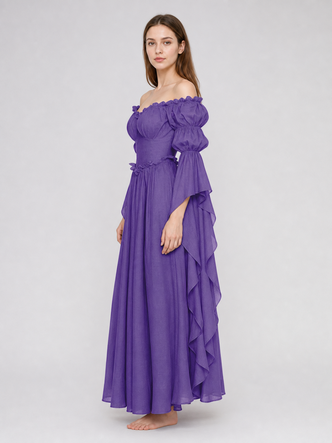 Purple off-the-shoulder dress in a historical style